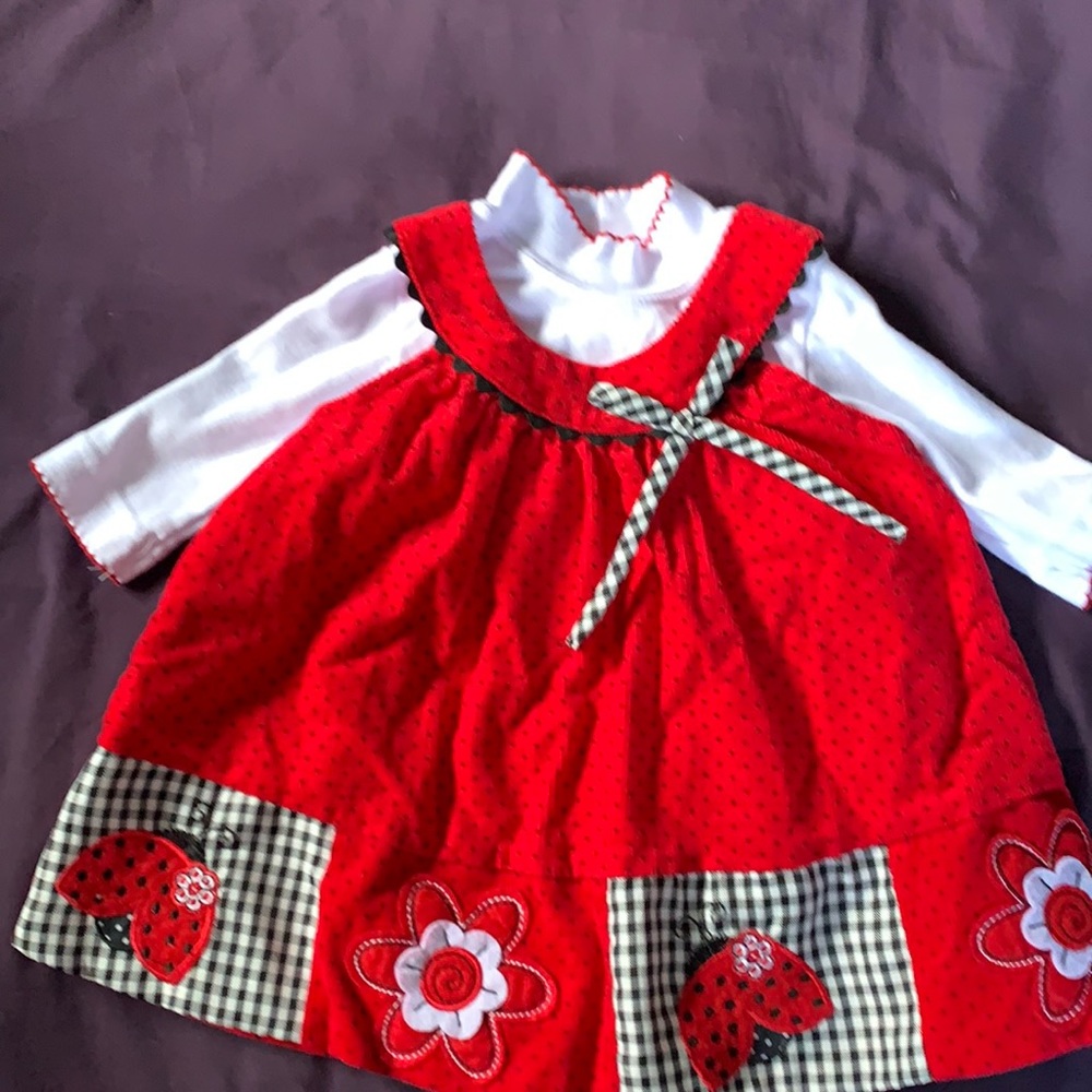 Red Corduroy Dress with matching white long sleeve onsie.